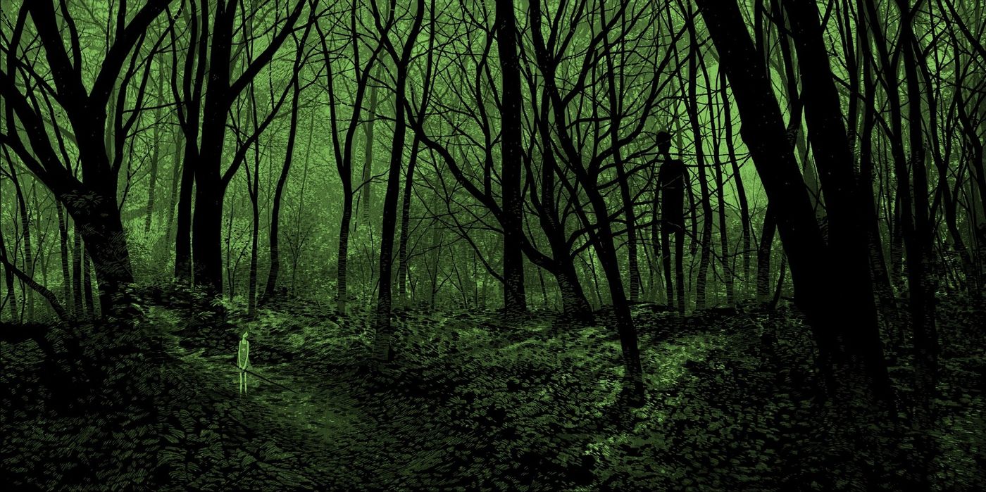 Illustration by Daniel Danger. We see Alice holding a sword, in the middle of the forest, and a huge figure standing like a shadow seems to be watching her. The entire image is in a green tone.