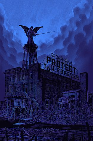 Illustration by Daniel Danger. It depicts an abandoned building with unlit neon signs reading 'we can no longer protect you forever'. Above it is a statue of an angel holding a sword. The entire image is in a dark blue tone.