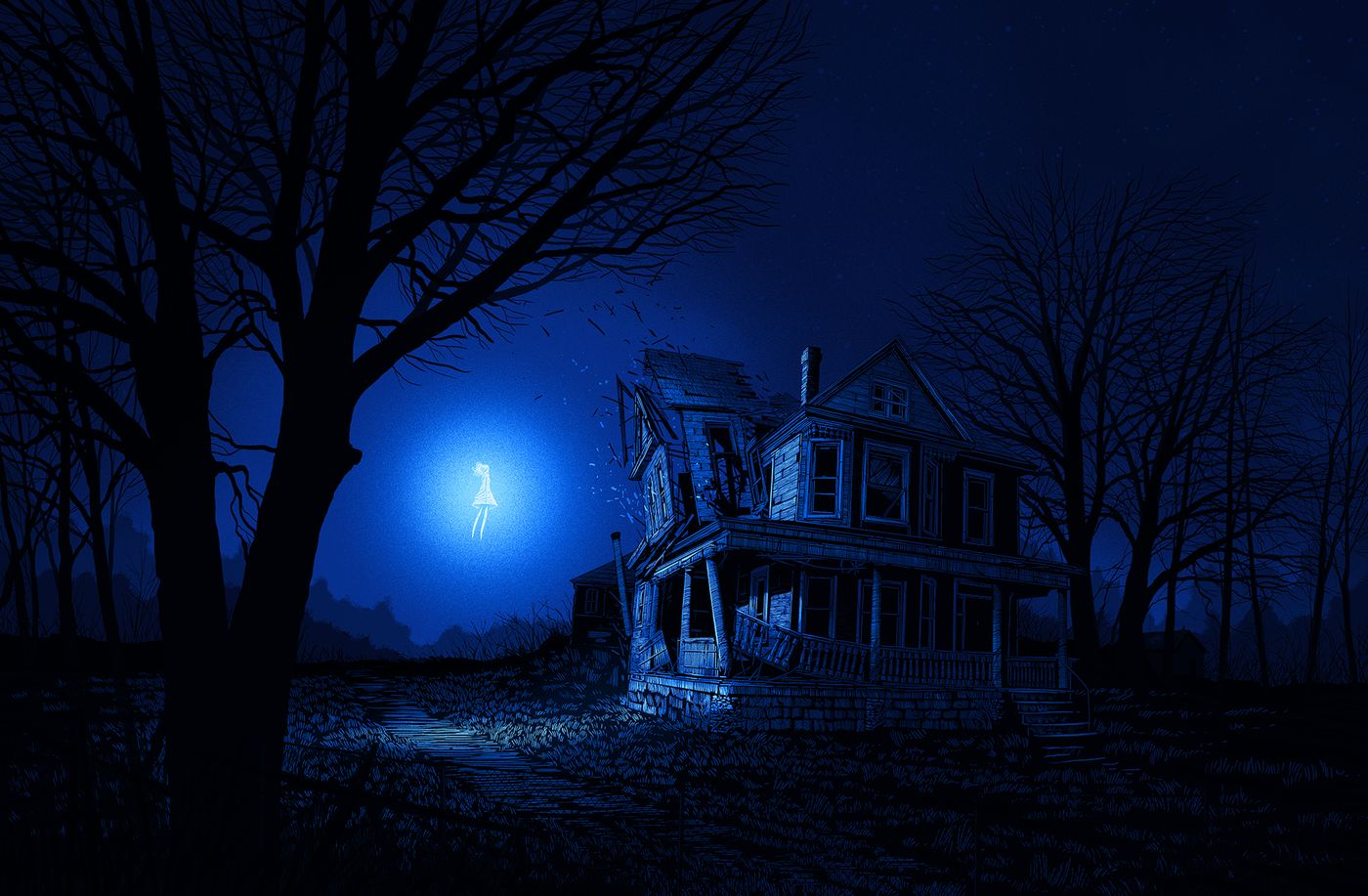 Illustration by Daniel Danger. A little girl is seen floating in the air in front of a house whose first-floor window appears to be exploding. The background is midnight blue.