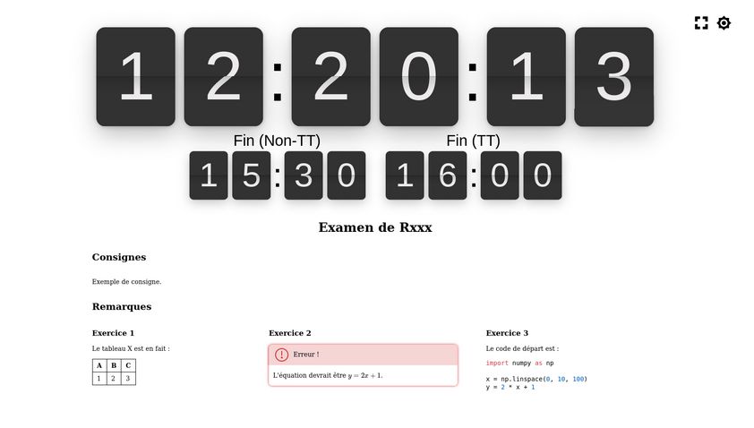 Screenshot of the page running HorlogeExam.
