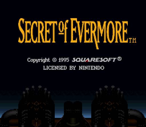 Screen capture of the title screen of Secret of Evermore on Super Nintendo