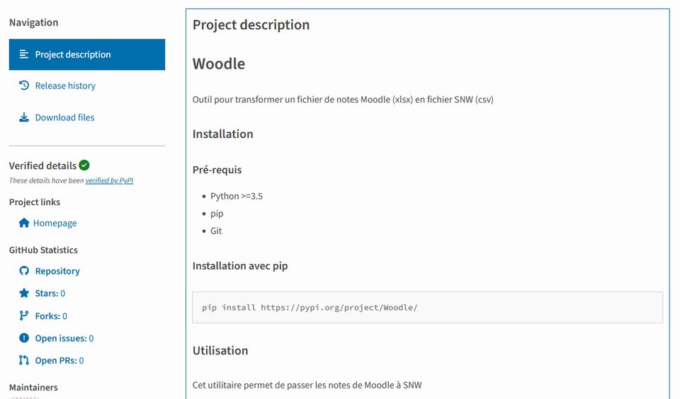 Screenshot of the Pypi page for this project